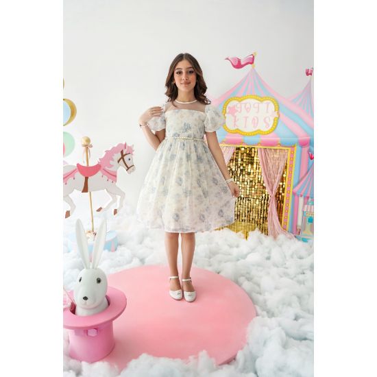 صورة فستان بناتي أورجانزا مورد | قطعة من سماء الصيف - M3704